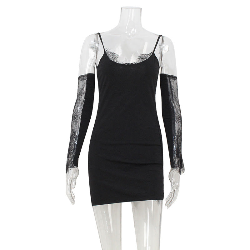 Damenbekleidung Sexy Spitzen-Patchwork Eng anliegendes, figurbetontes Spaghettiträgerkleid mit Überärmeln