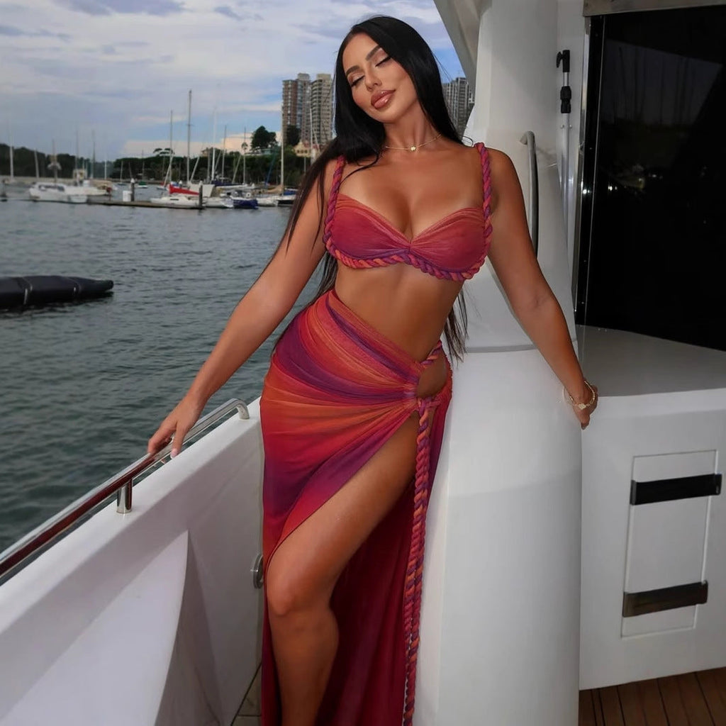 Sommer Sexy Strandurlaub Badeanzug Gewebtes Neckholder Top Top Schlitzrock Set