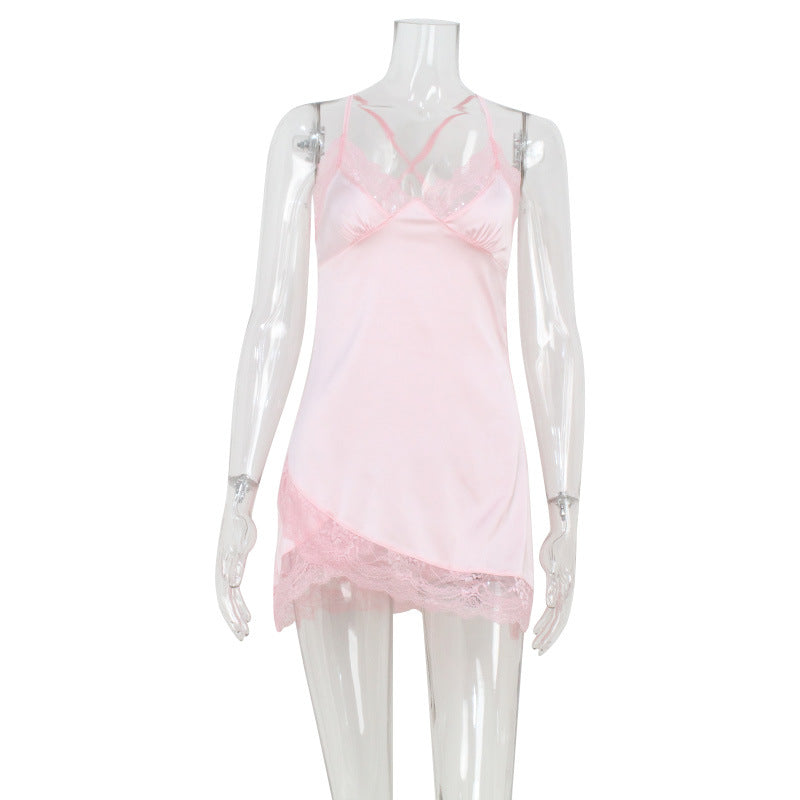 Sommer V-Ausschnitt Spitzenkleid Satin hautfreundlich sexy pinke Träger-Schlafanzug