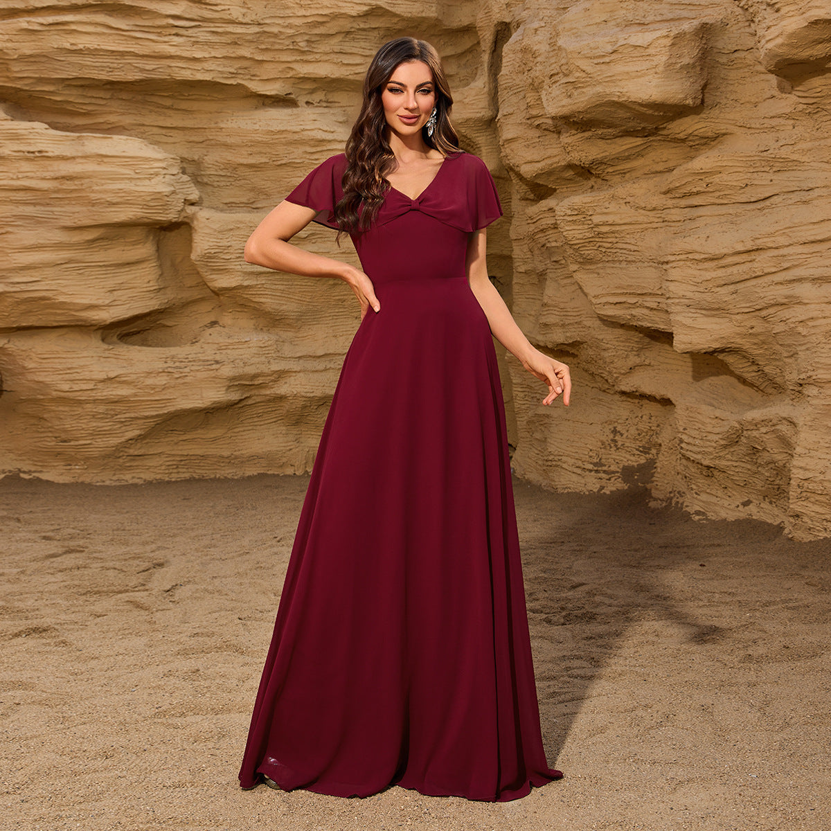Chiffon V-Ausschnitt Schleife Schal Rückenreißverschluss Großer Schwung Vollgefüttert Elegantes Abendkleid Damen