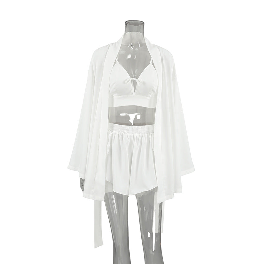 Sommer Chiffon Langarm Sexy Unterwäsche Schlitzshorts Dreiteiliger Pyjama Kühle Haptik Homewear