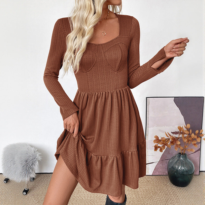 Robe trapèze élégante rétro d'automne à col carré, en maille unie, ajustée à la taille