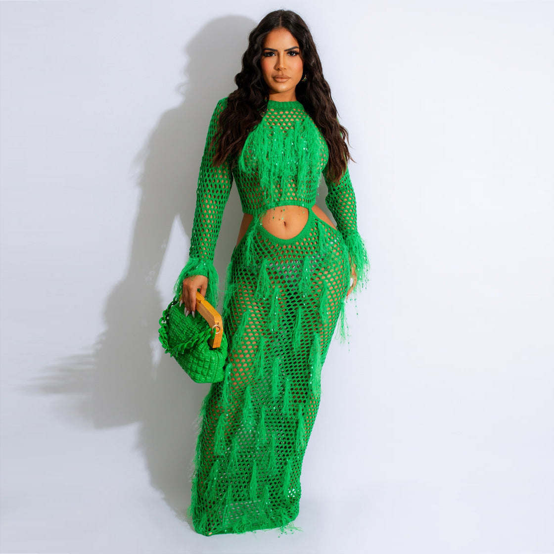 Damenbekleidung Sexy Handgemachtes Gestricktes Strandkleid Aushöhlen Cut-Out Nerz Quaste Maxikleid