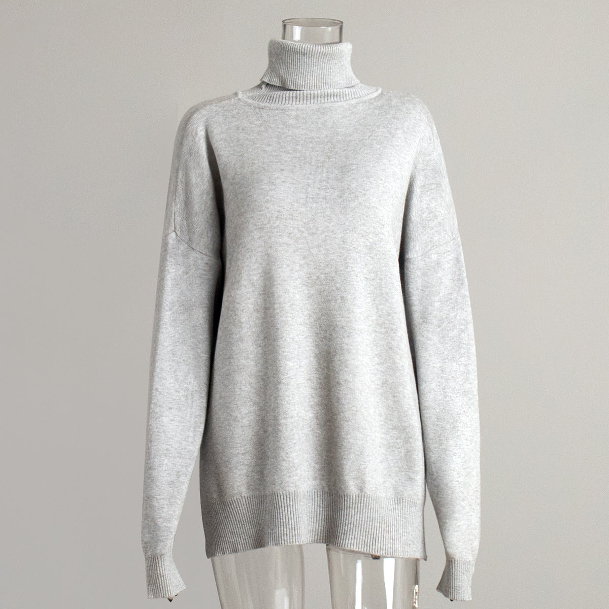 Rollkragenpullover Damen Herbst Winter Lässiger Pullover Schlitz Locker Einfarbig Strickpullover