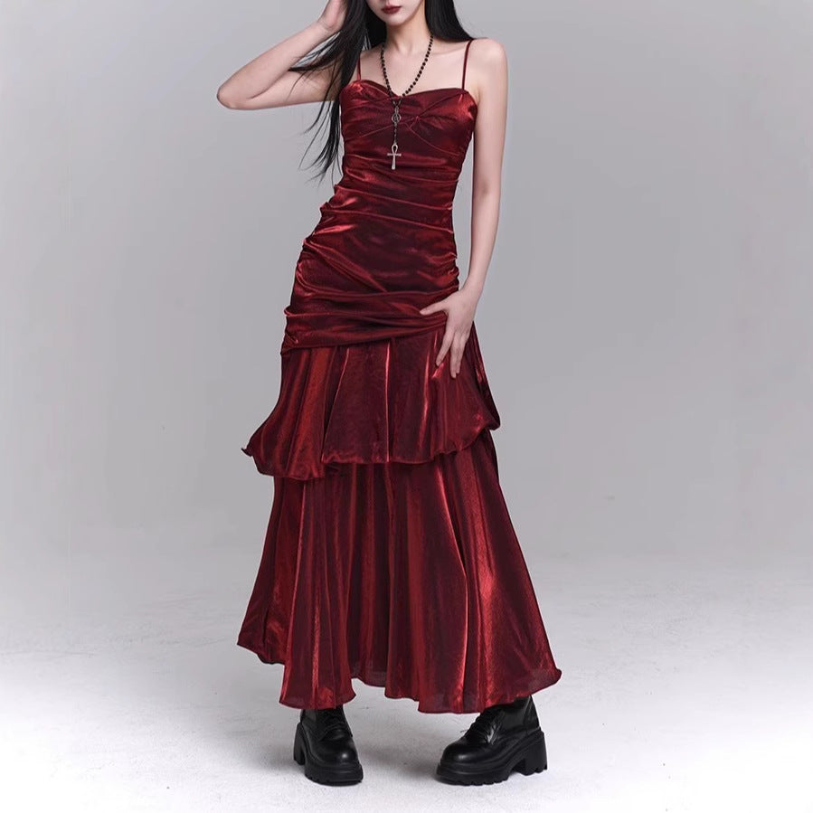 Dunkelrotes Trägerkleid, Konzert-Geburtstagskleid, hochwertiges Partykleidchen