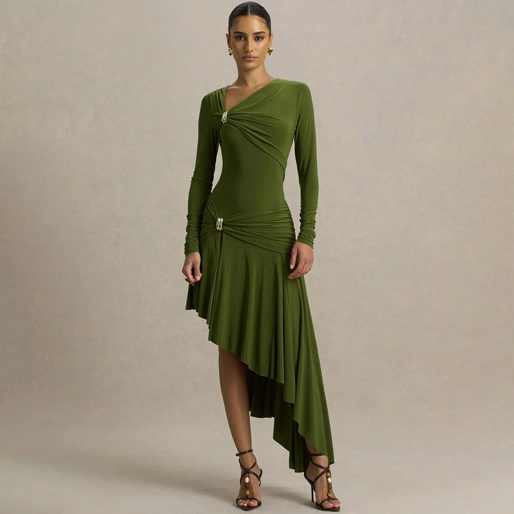 Robe longue asymétrique plissée élégante et sexy pour femme - Collection Automne/Hiver