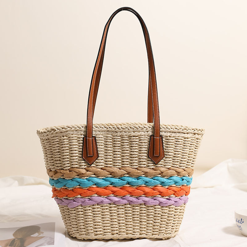 Bohemian One Shoulder Strohtasche Regenbogenstreifen Korbtasche Urlaubs-Strandtasche Damen Tasche