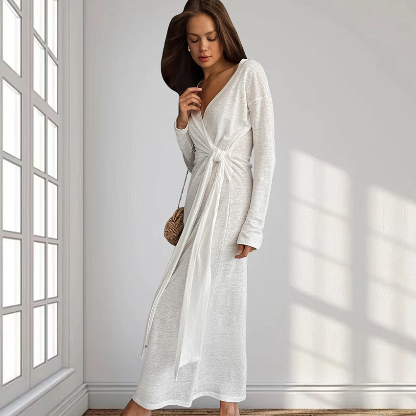 Herbstliche Gemütlichkeit Locker gestricktes Nachthemd Atmungsaktiv Lange Ärmel Schnürung Weiche Oberbekleidung Homewear