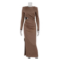 Robe plissée moulante de printemps à col rond et manches longues, coupe évidée fendue, couleur unie pour femme