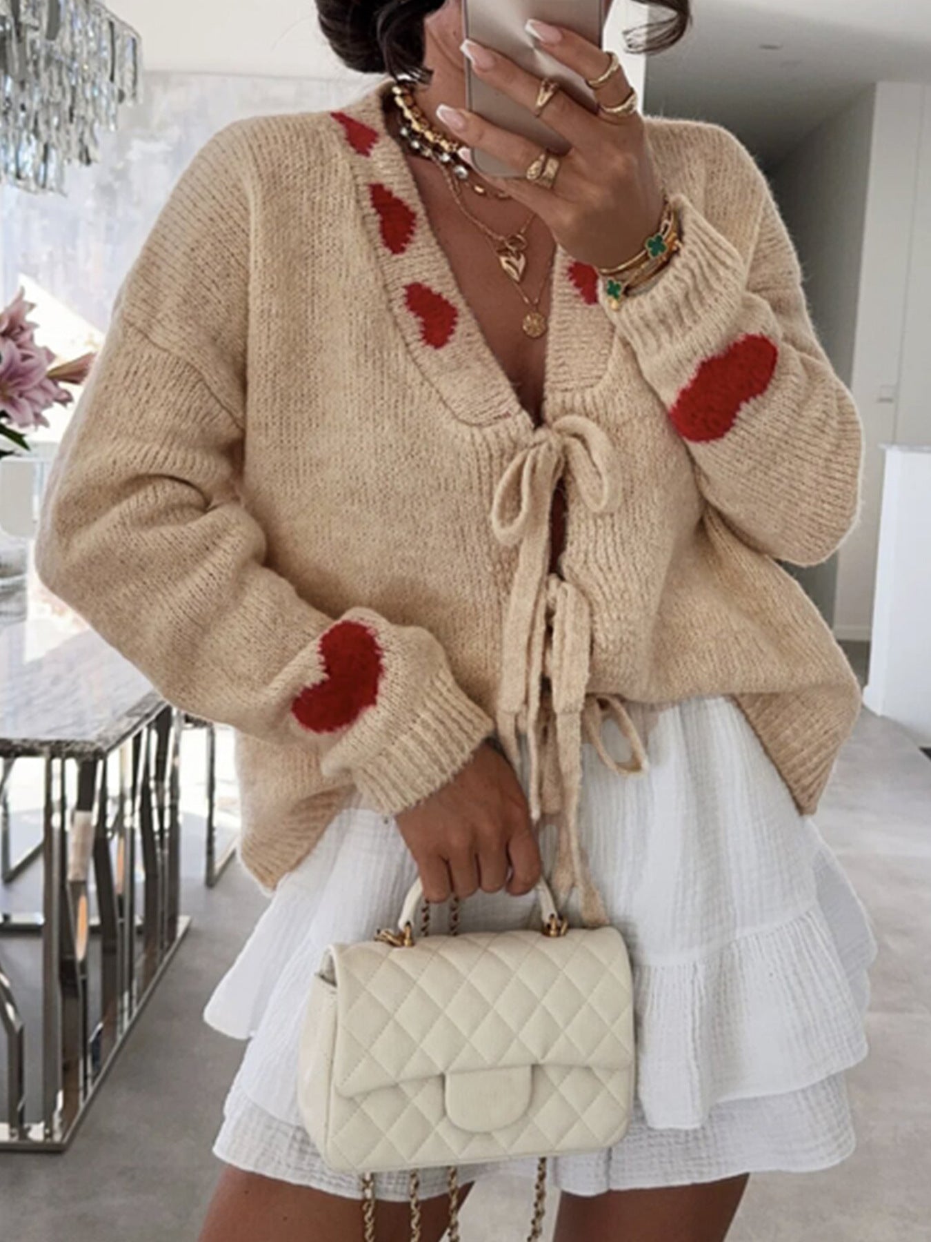 Oberbekleidung Stickerei Pullover Mantel Schnürung Liebe Jacquard Strickjacke Damen