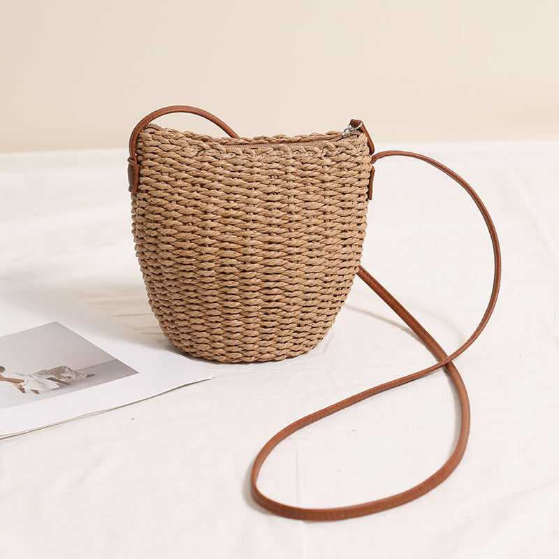 Mignon sac seau bandoulière en paille, sac en paille simple, sac tissé, sac de plage pour vacances au bord de mer, sac tissé en rotin assorti