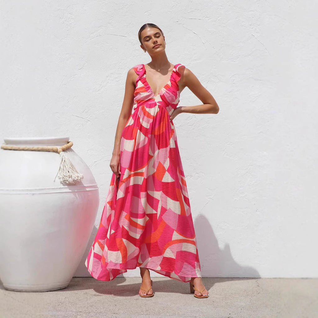 Sommerkleid gleicher Druck V-Ausschnitt großes Schaukel-Trägerkleid Damen