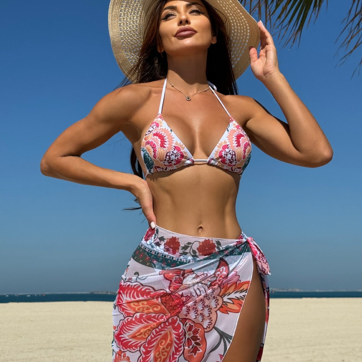 Dreiteiliges Set mit Blumenmuster, personalisiertes Mesh-Dreiteiler-Set, Bademode, Badeanzug, Bikini