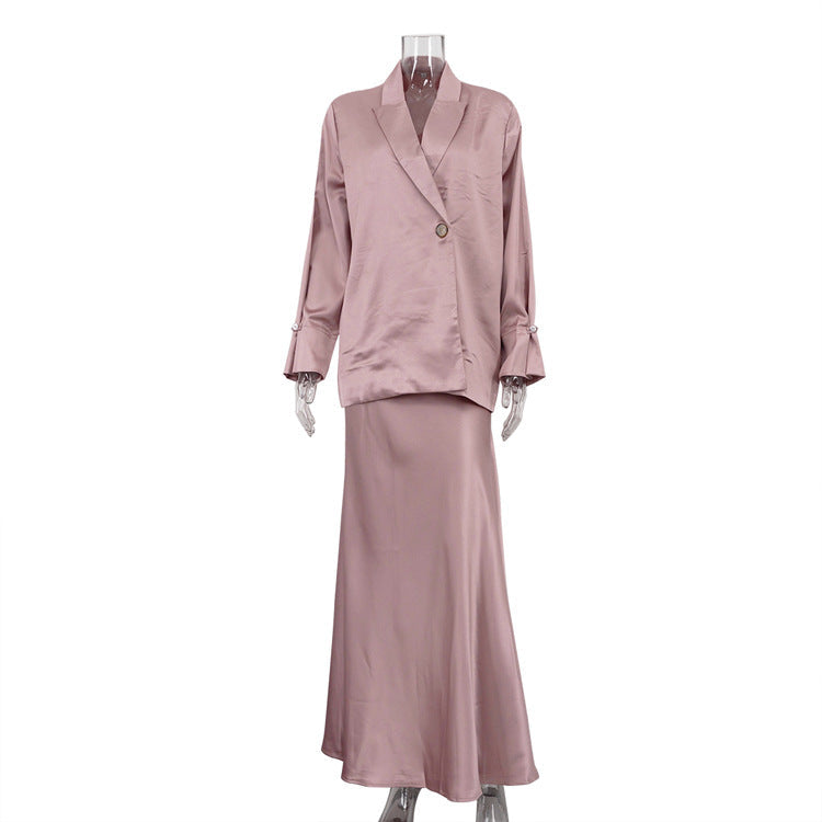 Frühling Herbst Satin Hochwertiger Halbhoher Rock Anzug Kragen Langarm Top Büro Zweiteiliges Set
