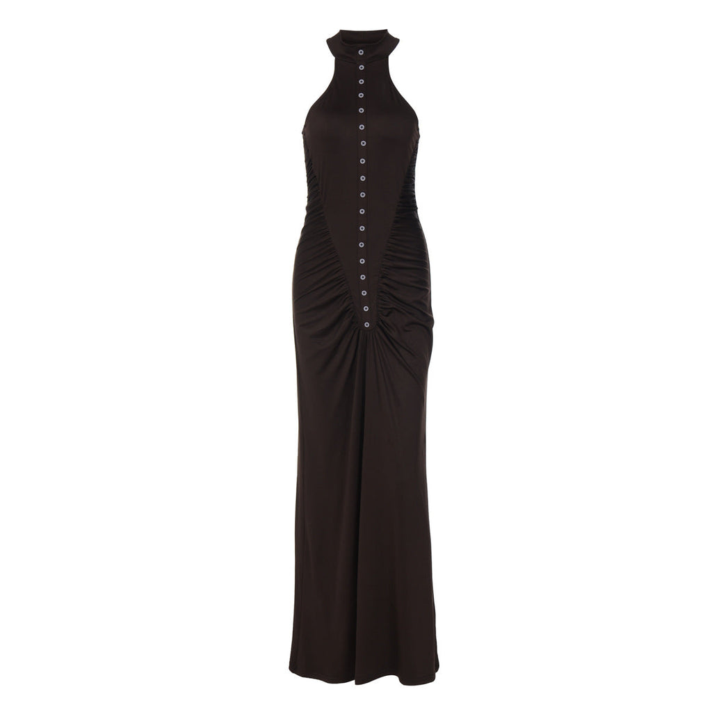French Women Autumn Slim Fit Crumpled Button round Neck Sleeveless Dress for Women