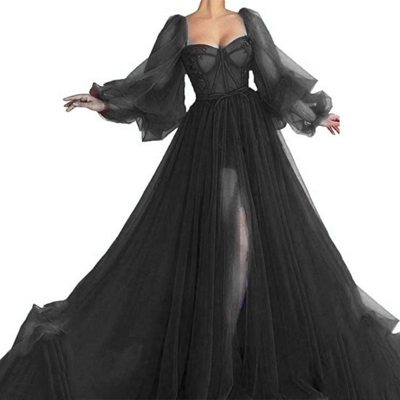 Sommer Damenbekleidung Anmutiges Modisches Kleid Mesh-Split-Ausgestelltes Kleid Hochzeitsabendkleid