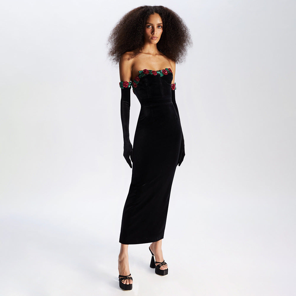 Frühling Sommer Blumen Pailletten Spitze Verzierung Samtkleid Damenbekleidung Kleid mit Handschuhen