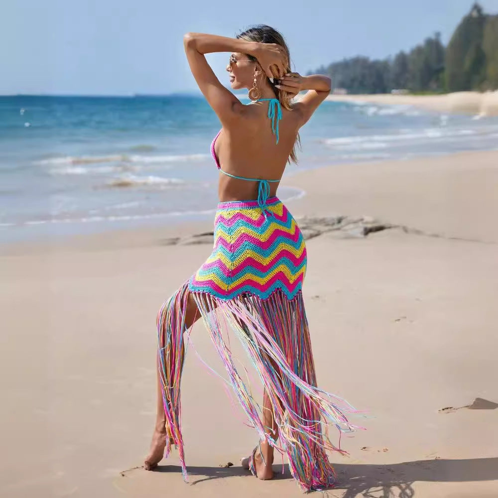 Vêtements pour femmes Ensemble jupe et paréo de plage sexy en crochet fait main à pompons ondulés