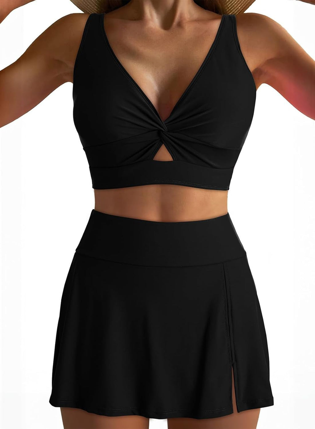 Einfarbig Push up High Waist Culottes Sexy Split Bikini Badeanzug Bademode Damen