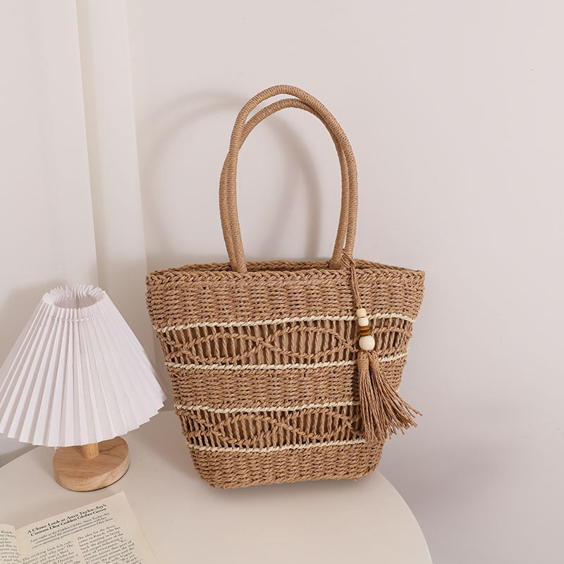 Hohle Ausgeschnittene Schulter Strohtasche Quaste Tragbare Strohtasche Gewebte Tasche Urlaub Strandtasche Damentasche