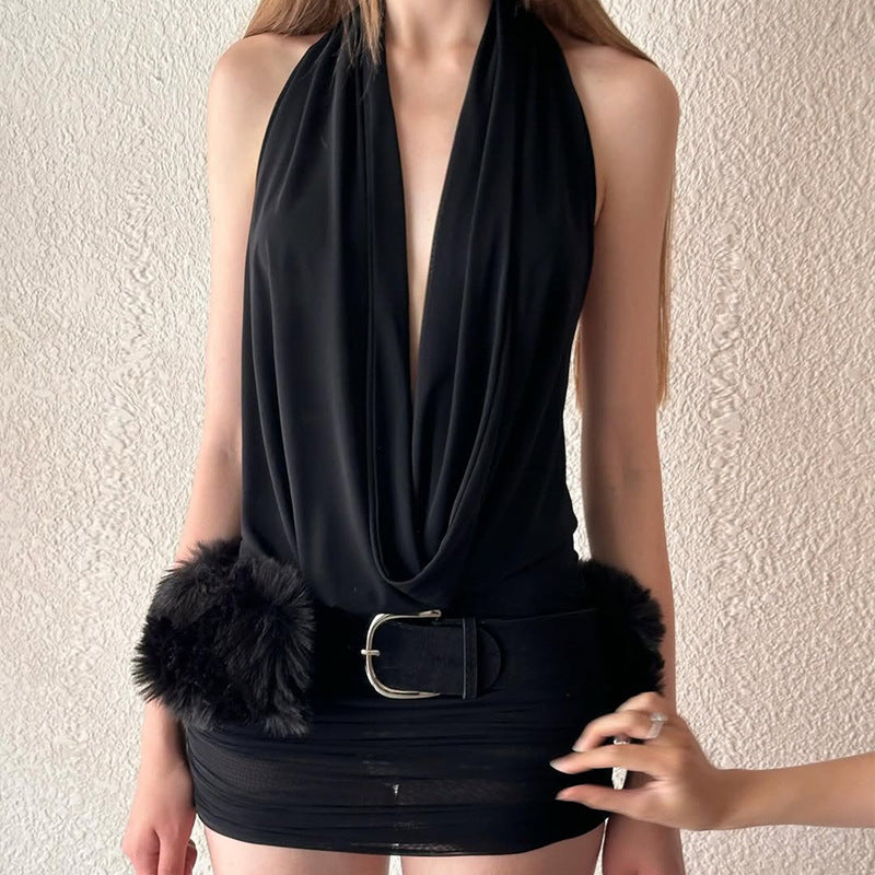 Ensemble deux pièces robe longue en résille ajourée dos nu licou décolleté plongeant