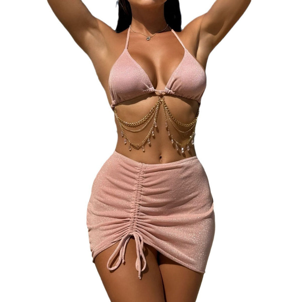 Sexy Kordelzugband Glänzender Stoff Diamant-Lanyard Dreiteiliger Badeanzug Bikini
