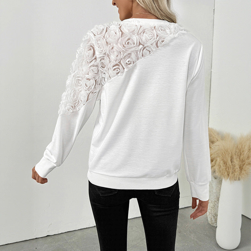 Anmutige Persönlichkeit Elegante Rose Dreidimensionale Blumenmuster Dekorative Langarm Einfarbig Kapuzenpullover Damen