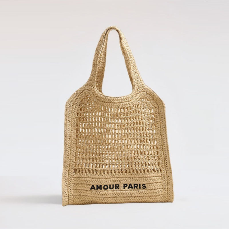 Sac de Plage en Paille Tressée d'Été avec Motif à Lacets, Idéal pour les Vacances à la Plage des Femmes