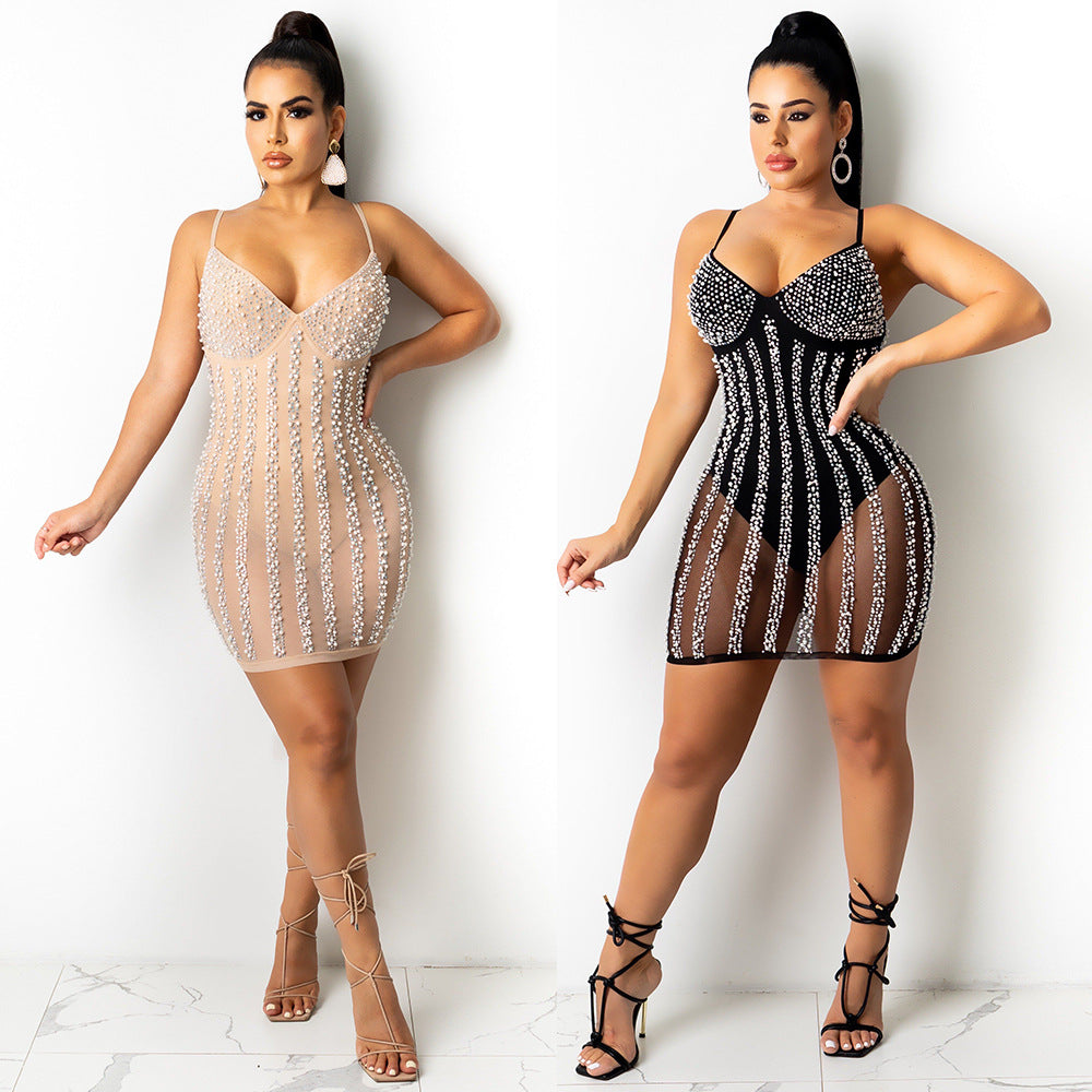 Robe Sexy Transparente à Col en V avec Bretelles, Strass et Perles, Uniformes de Boîte de Nuit, Grande Taille