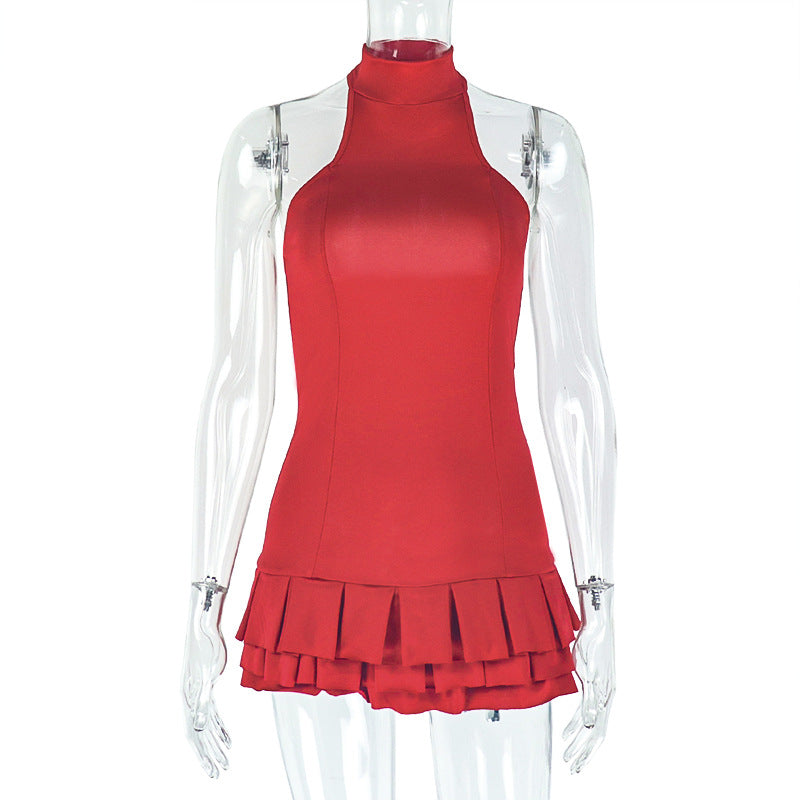 Robe trapèze plissée et moelleuse de couleur unie avec col montant et sans manches pour femme