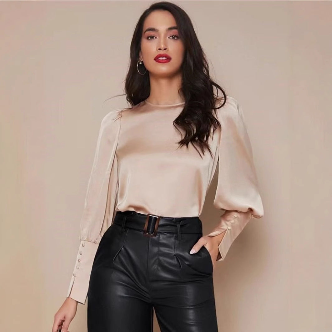 Chemise longue en satin à manches longues pour femme, haut en satin à manches lanternes pour le printemps et l'automne