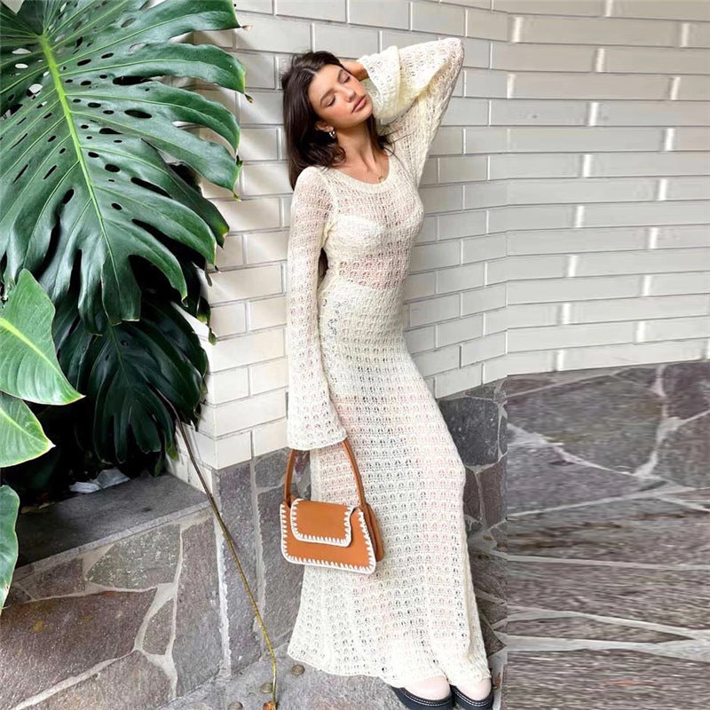 Sexy rückenfreies Strickkleid mit hohlen Cut-Outs, durchsichtigem Fischnetz, langen Ärmeln, Sommer-Sonnenschutz, Strandkleid für Damen
