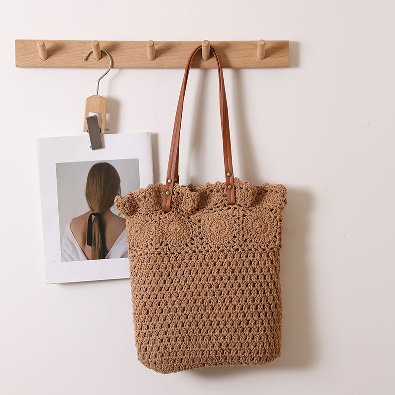 Aushöhlen Ausgeschnitten Floral Einzelner Schulter Baumwollfaden Gewebte Tasche Spitze Strohtasche Urlaub Strandtasche Büro Damentasche