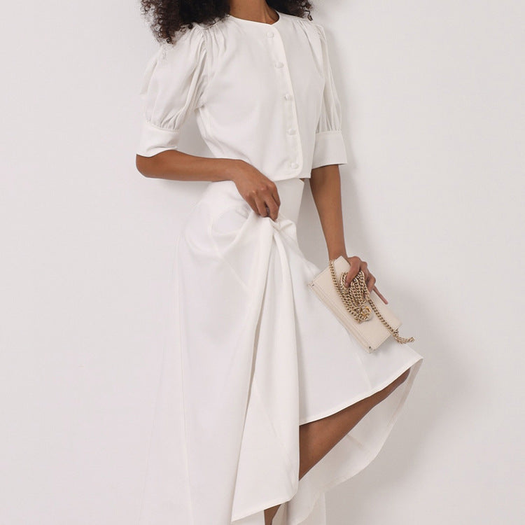 Ensemble jupe en satin haut de gamme pour femme, haut cardigan à manches courtes et col rond, élégant ensemble deux pièces