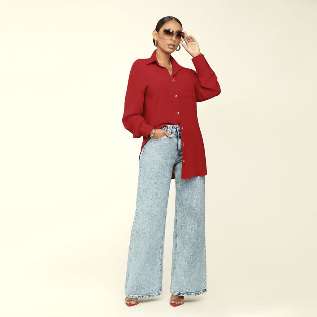 Damen Herbst Langarm Einfarbiges Oberteil Locker Freizeit Bluse Damen