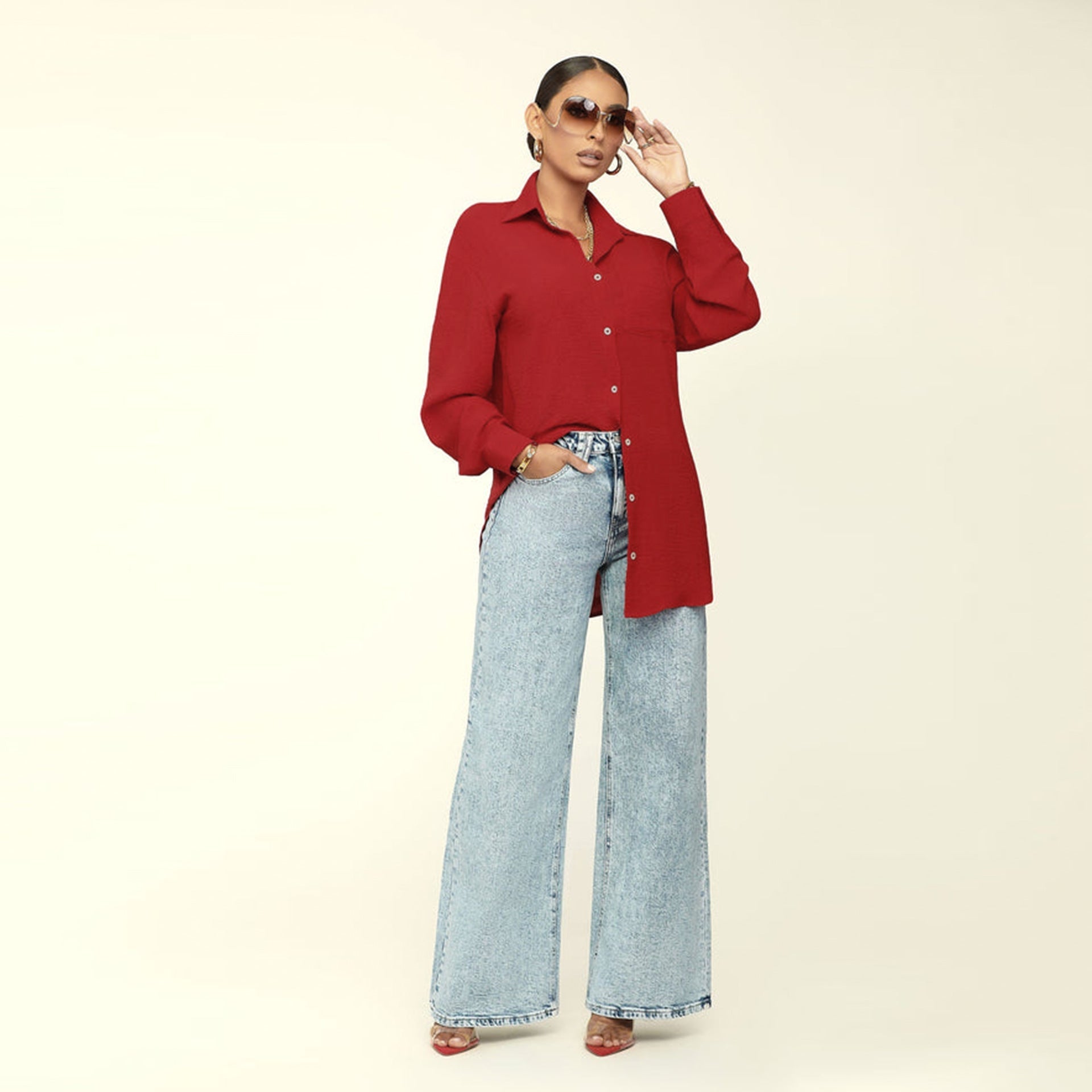 Damen Herbst Langarm Einfarbiges Oberteil Locker Freizeit Bluse Damen