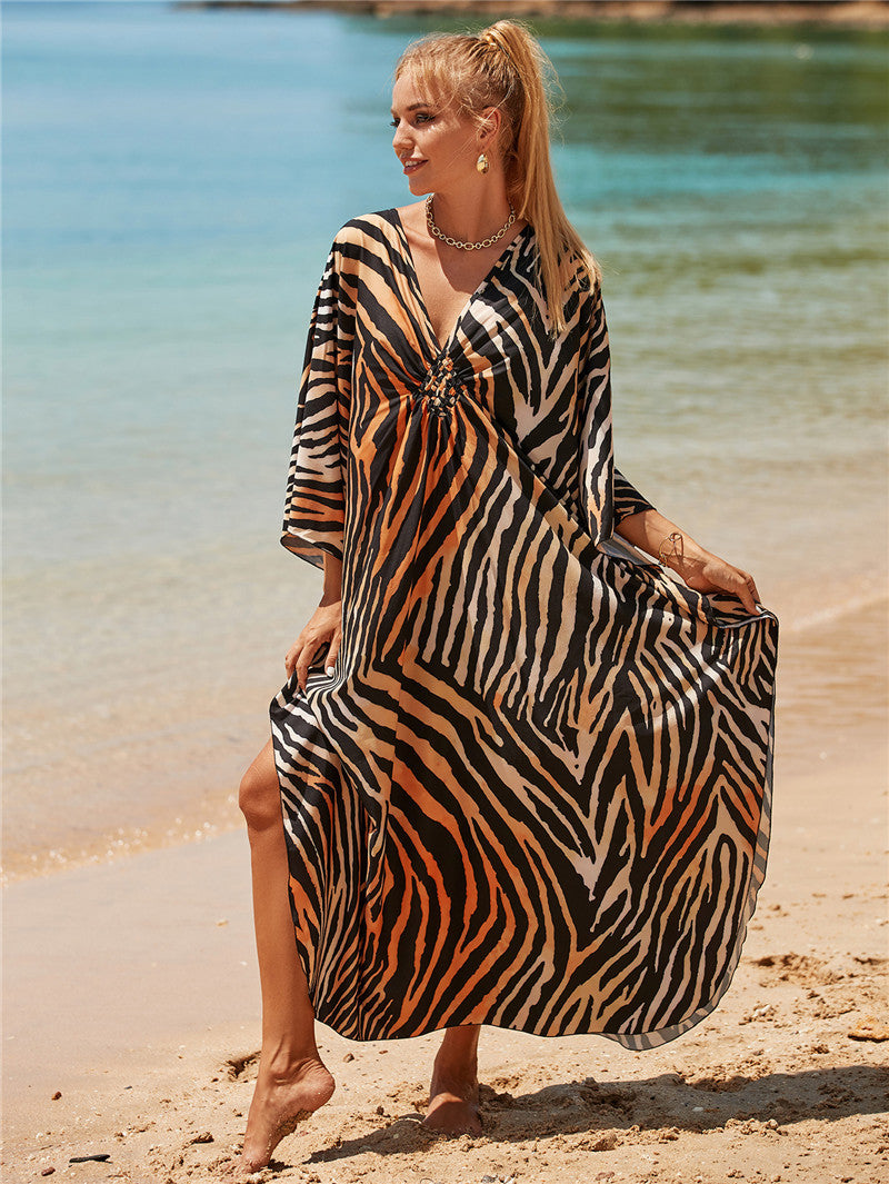 Elastischer Strand-Kimono mit Aufdruck, sexy, locker, gewebt, für den Urlaub