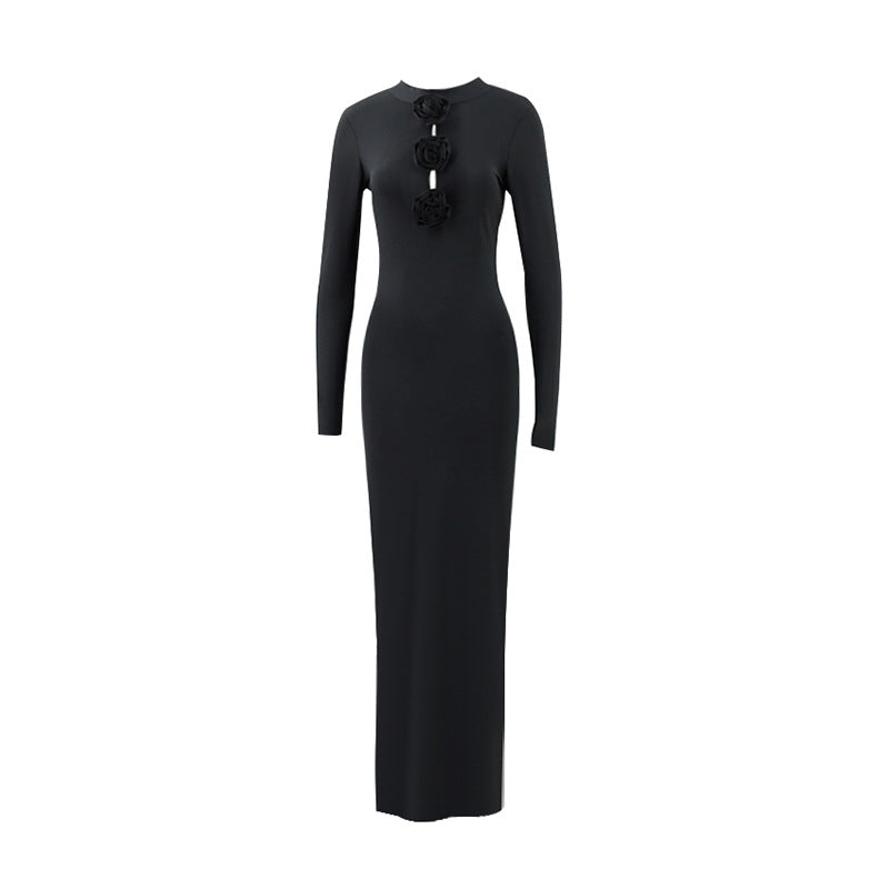 Damen Herbstkleidung Sexy Cutout Socialite Private Kleidung Elegantes dreidimensionales florales Langarm-Maxikleid mit schmaler Passform