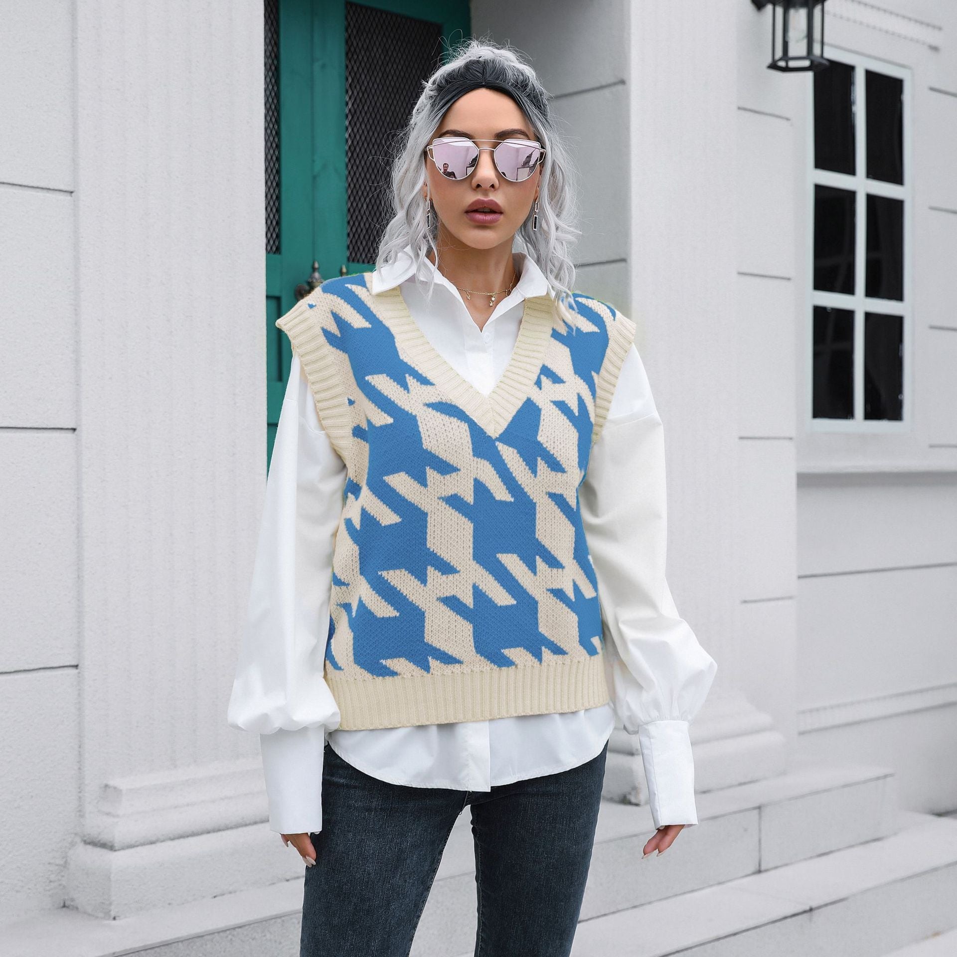 Hahnentritt V-Ausschnitt Weste Pullover Damen Weste Oberbekleidung Unterbekleidung Herbst Winter Strickwaren Pullover Bouclé