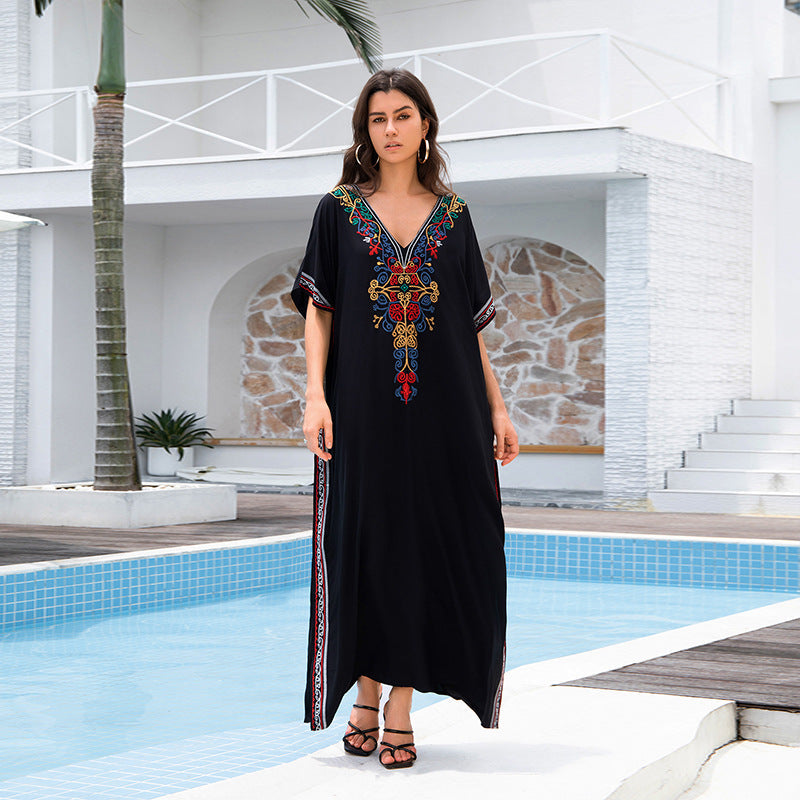 Robe Longue Ample Rayonne Broderie Vacances Broderie Peignoir Plage Cache-maillot Bikini