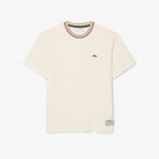 Lacoste Made in France Gestreiftes T-Shirt mit Kragen – Creme