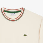 Lacoste Made in France Gestreiftes T-Shirt mit Kragen – Creme