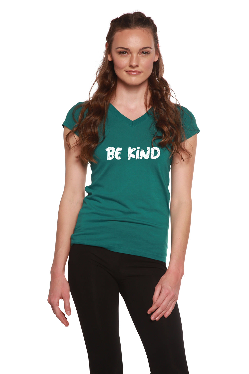 Be Kind Printed Women's Bamboo Viscose/Cotton V-Neck Cap Sleeve T-Shirt - The7Letter