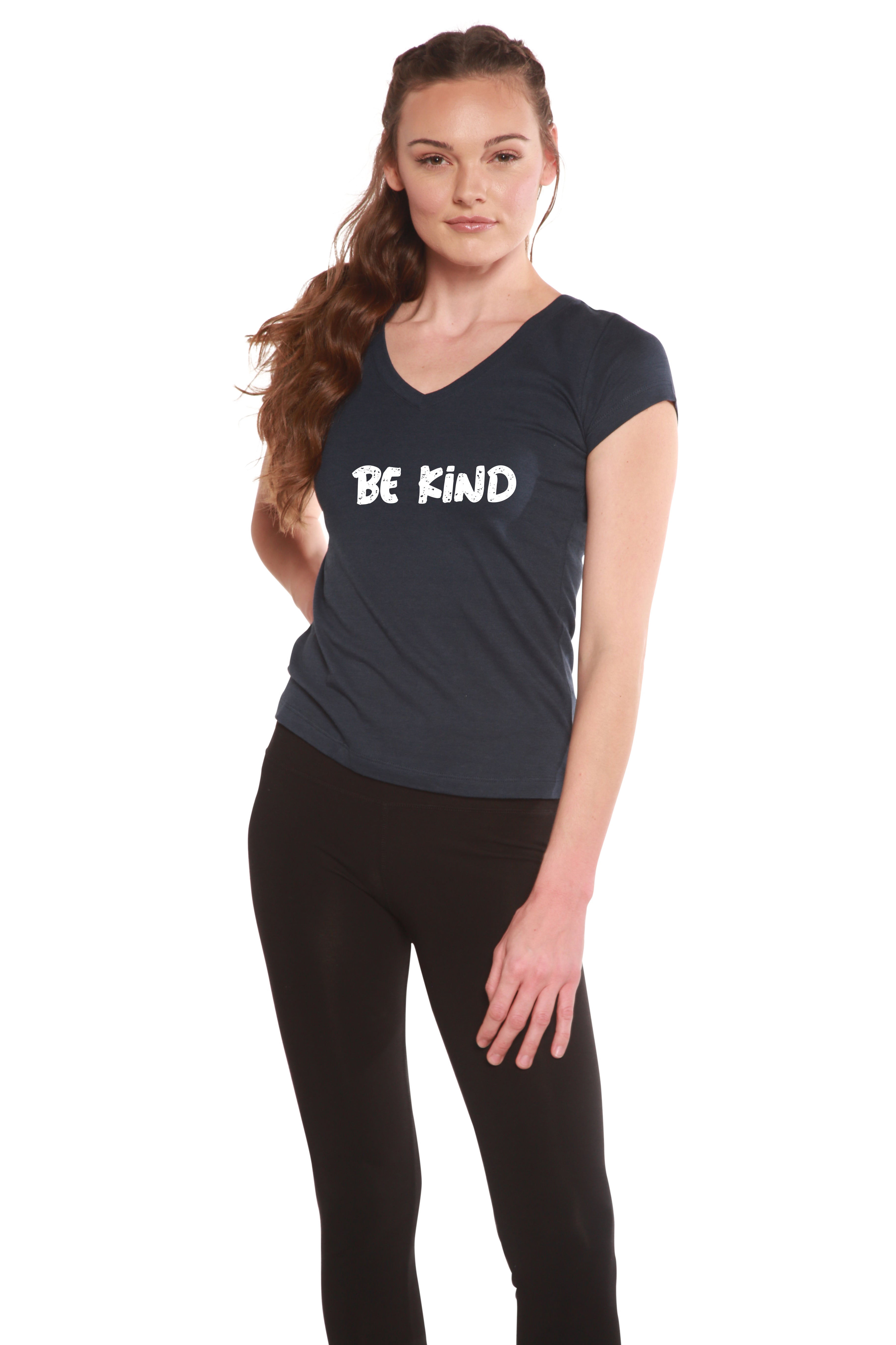 Be Kind Printed Women's Bamboo Viscose/Cotton V-Neck Cap Sleeve T-Shirt - The7Letter