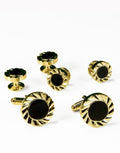 Parure Boutons de Manchette et Clous de Chemise en Onyx Noir Circulaire avec Bords Éventail Dorés ou Argentés
