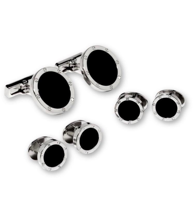 Parure de clous d'oreilles et de boutons de manchette en onyx noir avec sertissage tête de vis en argent