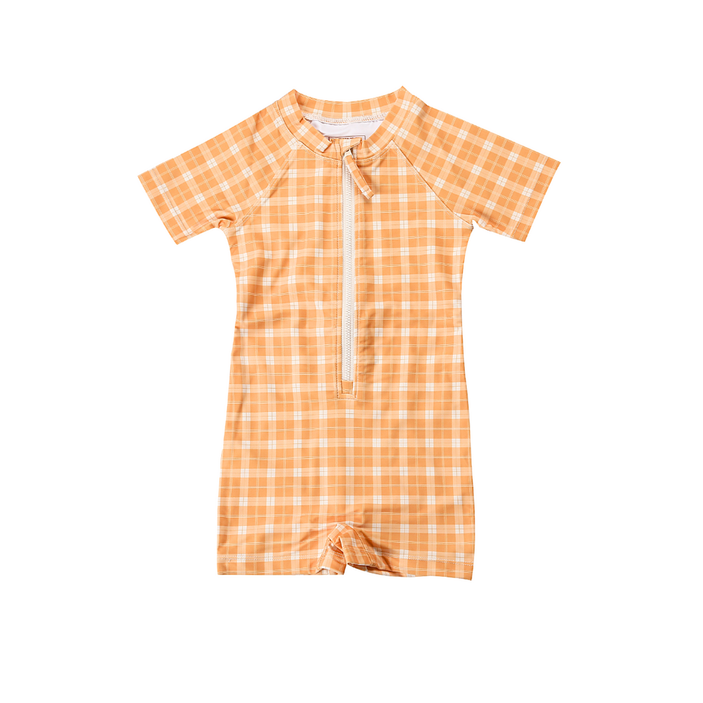 Short Sleeve Rashguard Swimsuit | UPF + Recycled - Buckwheat Plaid - The7Letter