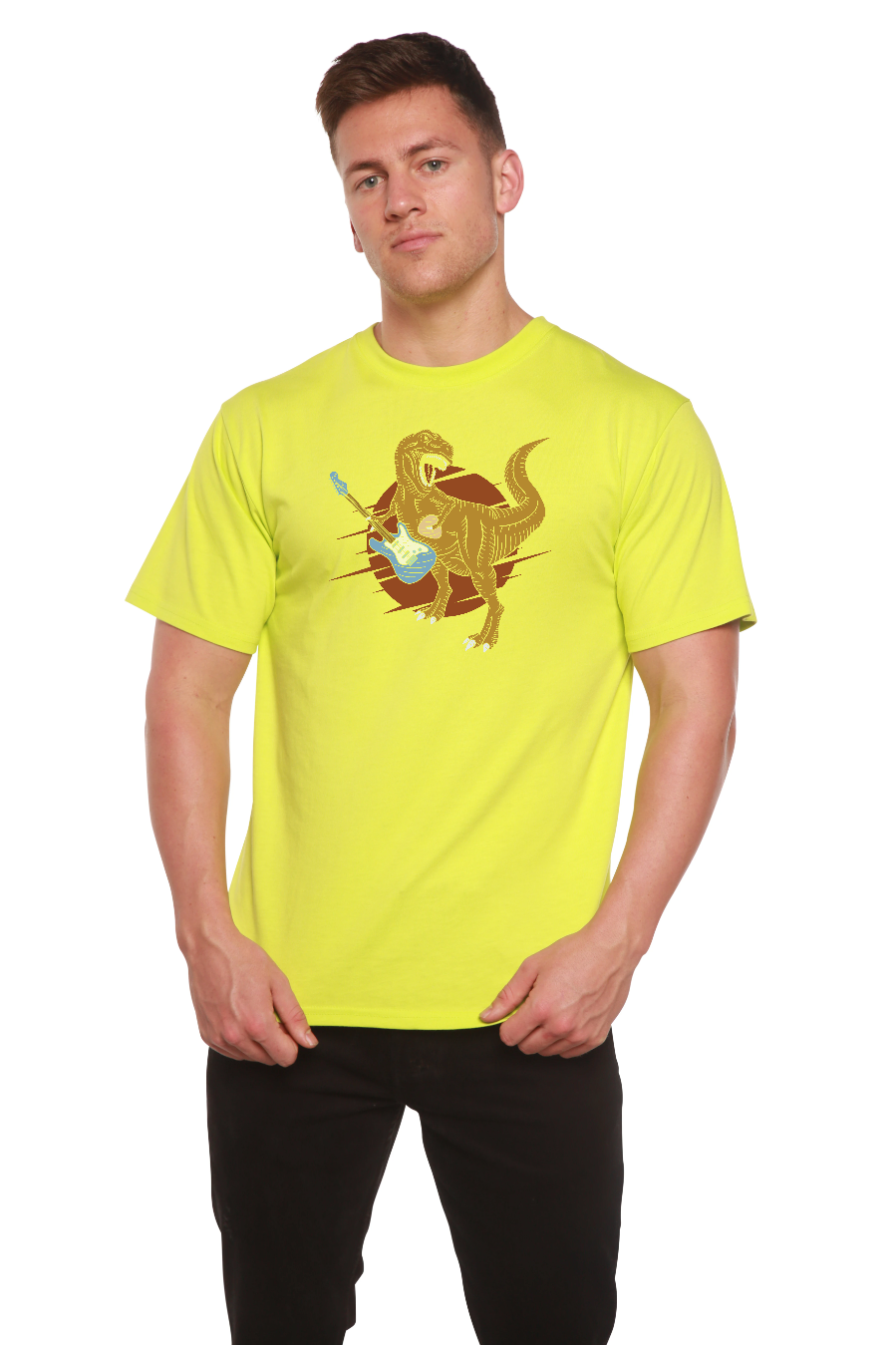 Dinosaur with a guitar Men's Bamboo Viscose/Organic Cotton Short Sleeve Graphic T-Shirt - The7Letter