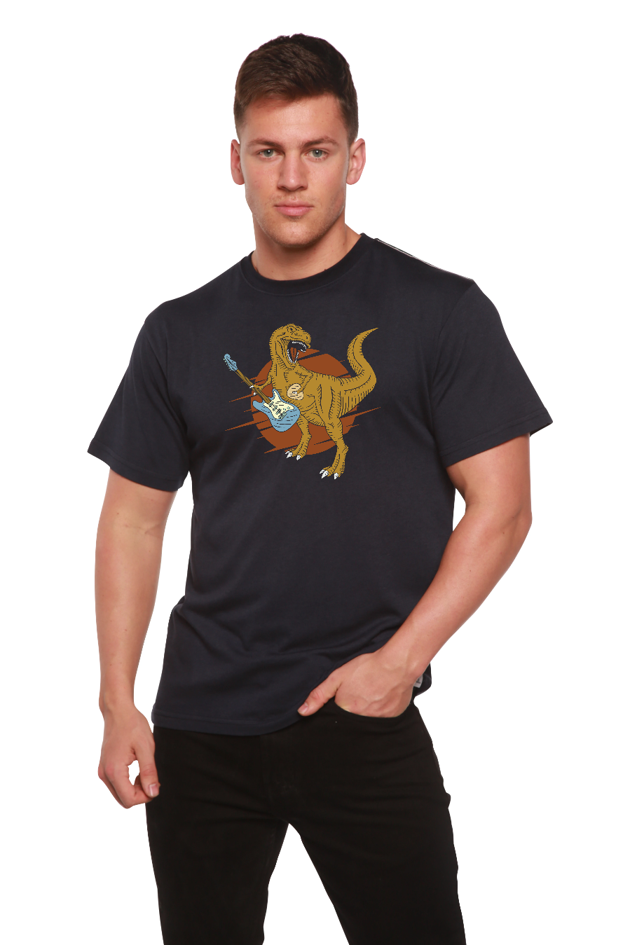 Dinosaur with a guitar Men's Bamboo Viscose/Organic Cotton Short Sleeve Graphic T-Shirt - The7Letter