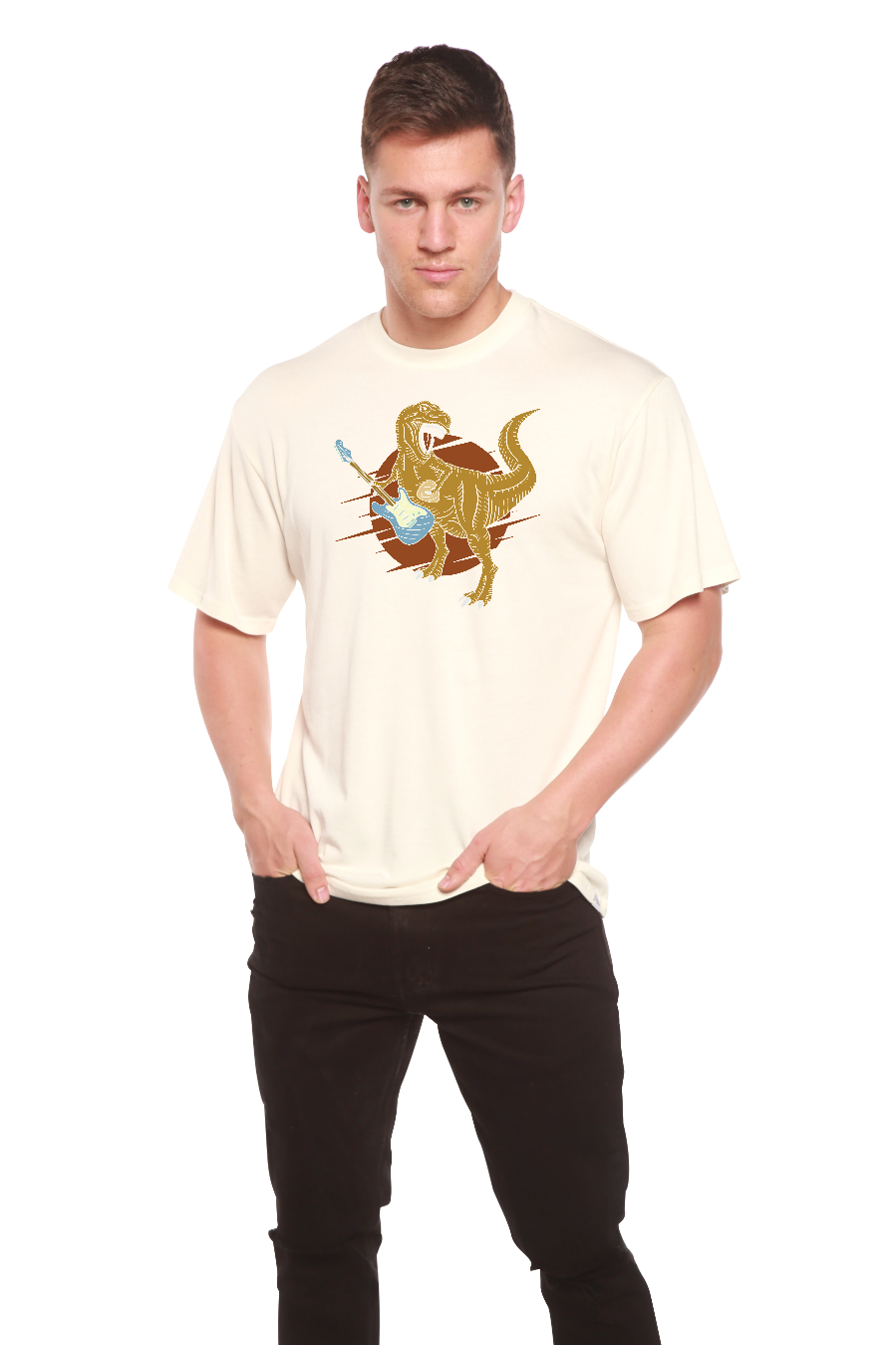 Dinosaur with a guitar Men's Bamboo Viscose/Organic Cotton Short Sleeve Graphic T-Shirt - The7Letter